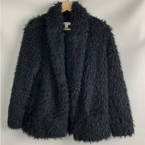 Love,Fire Jacket Black Shaggy Faux Fur Round Pockets Open Front Lined- Women's M